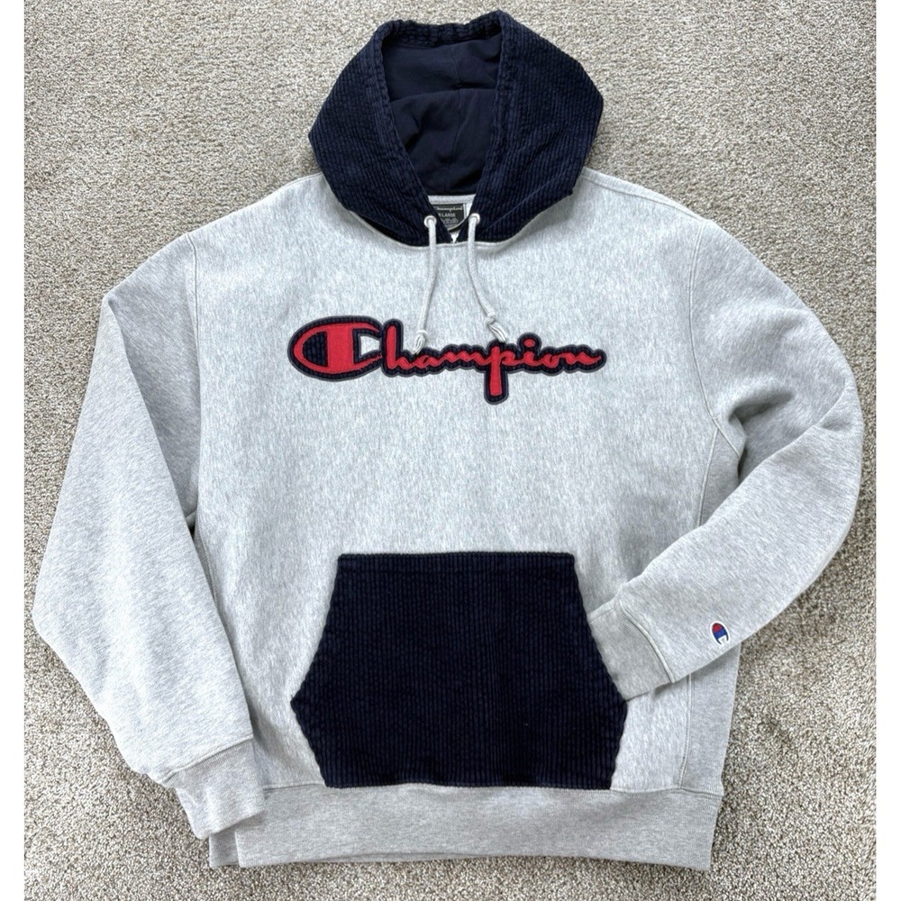 Champion Reverse Weave Hoodie Men's XL Grey w/Navy Corduroy Hood & Pouch Pocket